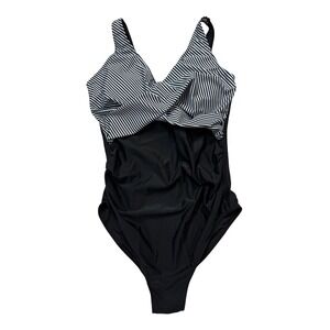 SummerSunshine Maternity 1 Piece Swimsuit Striped Ruched Black White Medium NWT